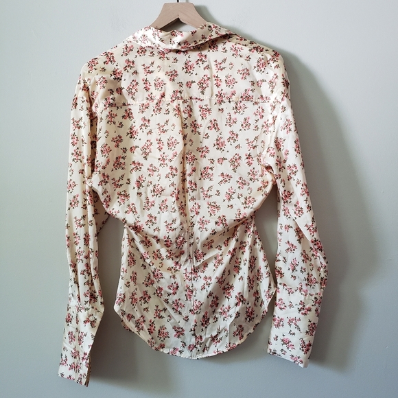 Zara Floral Satin Blouse Top Size XS Yellow Pink Rose Button Down - Picture 3 of 7